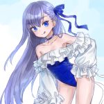  1girl :q ama-tou ass_visible_through_thighs bangs bare_shoulders blue_bow blue_choker blue_eyes blue_swimsuit bow choker closed_mouth collarbone commentary_request eyebrows_visible_through_hair fate/grand_order fate_(series) hair_between_eyes hair_bow hand_on_hip leaning_forward long_hair long_sleeves meltryllis meltryllis_(swimsuit_lancer)_(fate) puffy_long_sleeves puffy_sleeves purple_hair sleeves_past_fingers sleeves_past_wrists smile solo strapless strapless_swimsuit swimsuit tongue tongue_out very_long_hair 
