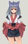  1girl ahoge animal_ears bangs bike_shorts blunt_bangs detached_sleeves grey_hair hakama highres japanese_clothes lifted_by_self looking_at_viewer masao nontraditional_miko open_mouth original red_eyes simple_background skirt skirt_lift solo standing 