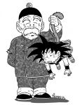  2boys arm_behind_back armor artist_name black_hair black_headwear chibi chinese_clothes commentary_request d: dirty dirty_clothes dirty_face dragon_ball dragon_ball_minus exhausted facial_hair fenyon fingernails full_body grandfather_and_grandson grandpa_gohan greyscale half-closed_eyes hanging hat holding_another&#039;s_tail male_focus monkey_tail monochrome multiple_boys mustache open_mouth shadow simple_background son_gokuu spiked_hair standing tail tail_grab thick_eyebrows white_background wrinkles 
