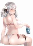  1girl alternate_costume ass bangs bare_shoulders bikini black_ribbon blush breasts can eyebrows_visible_through_hair girls_frontline hair_ribbon hakua_mill highres holding holding_can large_breasts long_hair looking_at_viewer open_mouth red_eyes ribbon shotgun_shells shoulder_blades side-tie_bikini silver_hair simple_background sitting skindentation solo spas-12_(girls_frontline) swimsuit thigh_strap twintails white_background white_bikini 
