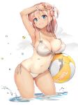  1girl :d arm_up armpits ass_visible_through_thighs aymusk ball bare_arms bare_shoulders beachball bikini blue_eyes blush breasts cleavage collarbone covered_nipples flower flower_bracelet front-tie_bikini front-tie_top groin hair_flower hair_ornament highres holding large_breasts long_hair looking_at_viewer navel one-piece_tan one_side_up open_mouth original pink_hair side-tie_bikini sidelocks smile solo swimsuit tan tanline wading water wet white_bikini white_flower 
