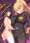  2girls :o ass aster_crowley asymmetrical_docking bandaged_leg bandages bangs black_bodysuit black_cape black_gloves black_hair black_headwear blonde_hair blue_eyes blush bodysuit braid breast_press breasts button_eyes cameltoe cape covered_navel darkness_(konosuba) fingerless_gloves gloves hair_between_eyes hair_ornament hand_on_another&#039;s_stomach hat heart_pasties highres huge_breasts impossible_bodysuit impossible_clothes kono_subarashii_sekai_ni_shukufuku_wo! long_hair looking_at_viewer lying megumin multiple_girls neck_ribbon nervous_smile nose_blush on_back panties pasties ponytail red_eyes red_panties ribbon short_hair side-tie_panties single_thighhigh small_breasts sweat thighhighs thong underwear wavy_mouth witch_hat x_hair_ornament 