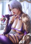  1girl armor blue_eyes breasts chair cleavage earrings english_commentary gauntlets gloves isabella_valentine jewelry large_breasts licking looking_at_viewer navel open_mouth pauldrons purple_gloves purple_legwear revealing_clothes short_hair silver_hair single_gauntlet sitting soulcalibur sword tongue tongue_out underboob weapon whip whip_sword white_hair yupachu 