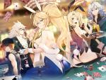  2girls 3boys alcohol animal_ears artoria_pendragon_(all) artoria_pendragon_(swimsuit_ruler)_(fate) ass blonde_hair blue_eyes bradamante_(fate/grand_order) braid bridal_gauntlets brown_eyes bunny_tail bunnysuit card casual chandelier cocktail_glass commentary_request cup dice drinking_glass fake_animal_ears fate/grand_order fate_(series) fishnet_legwear fishnets fuuma_kotarou_(fate/grand_order) glasses green_eyes grey_hair hat highres long_hair merlin_prismriver multiple_boys multiple_girls poker_chip poker_table ponytail red_hair siegfried_(fate) spiked_hair tail teddy_(khanshin) tray twintails very_long_hair 