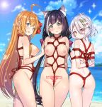  3girls ahoge animal_ear_fluff animal_ears antenna_hair bangs bdsm beach black_hair blue_eyes blue_sky blush bondage bound breasts cat_ears closed_mouth cloud collarbone crying crying_with_eyes_open day eyebrows_visible_through_hair flower goyain green_eyes hair_between_eyes hair_flower hair_ornament hair_ribbon highres kokkoro_(princess_connect!) kyaru_(princess_connect) large_breasts long_hair looking_at_viewer low_twintails multicolored_hair multiple_girls navel nipples nude ocean open_mouth orange_hair outdoors pecorine pointy_ears princess_connect! princess_connect!_re:dive pubic_tattoo red_eyes restrained ribbon sand short_hair silver_hair sky small_breasts smile streaked_hair tattoo tears tied_up twintails very_long_hair white_flower white_hair 