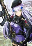  1girl absurdres assault_rifle bangs beret black_headwear black_legwear blunt_bangs breasts facial_mark girls_frontline gloves green_eyes gun h&amp;k_hk416 hair_ornament hat heckler_&amp;_koch highres hk416_(girls_frontline) holding holding_gun holding_weapon jacket long_hair long_sleeves mineta_naoki parted_lips pleated_skirt pouch rifle signature silver_hair skirt solo teardrop thighhighs weapon 