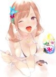  1girl ;o ama_mitsuki bikini blush bracelet breasts brown_hair cleavage crab earrings hair_ornament jewelry kneehighs looking_at_viewer necklace one_eye_closed original purple_eyes shaved_ice solo spoon_straw swimsuit teeth tongue tongue_out twintails white_bikini 