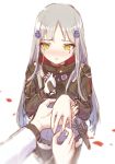  1girl alithea_jane bangs black_legwear blunt_bangs blur blurry blush cross_hair_ornament depth_of_field facial_mark girls_frontline gloves green_eyes hair_ornament hand_on_own_chest hand_up hk416_(girls_frontline) holding holding_ring jacket jewelry long_hair long_sleeves military_jacket nose_blush outstretched_arm parted_lips petals plaid plaid_skirt putting_on_jewelry ring sidelocks silver_hair simple_background skirt solo_focus standing teardrop thighhighs very_long_hair wavy_mouth wedding_band white_background white_gloves 