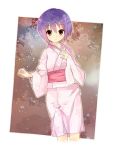  1girl alternate_costume bangs eyebrows_visible_through_hair feet_out_of_frame hands_up japanese_clothes kimono looking_at_viewer nagato_yuki nanabuluku obi pink_kimono print_kimono purple_hair sash short_hair snowflake_print solo suzumiya_haruhi_no_yuuutsu 