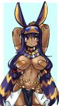  1girl absurdres animal_ears armlet arms_up bangs belly_chain blue_background border contrapposto dark_skin egyptian egyptian_clothes eyebrows_visible_through_hair facepaint facial_mark fate/grand_order fate_(series) gorget hairband highres jackal_ears jewelry long_hair looking_to_the_side low-tied_long_hair navel nitocris_(fate/grand_order) pasties pelvic_curtain purple_eyes purple_hair solo standing thigh_strap vambraces white_border zana 