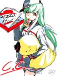  1girl breasts c.c. carrying_under_arm character_name cheese-kun code_geass dripping eyebrows_visible_through_hair food_in_mouth green_hair grey_headwear grey_skirt long_hair long_sleeves looking_at_viewer medium_breasts minamoto miniskirt pizza_box pizza_delivery pizza_hut pleated_skirt product_placement signature simple_background sketch skirt slice_of_pizza solo white_background yellow_eyes 
