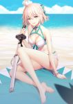  1girl :d ahoge arm_support bangs bare_arms bare_legs bare_shoulders barefoot beach bikini blue_sky blush bow breasts brown_eyes choker cleavage cloud collarbone commentary_request day eyebrows_visible_through_hair fate/grand_order fate_(series) front-tie_bikini front-tie_top full_body green_bow green_choker hair_between_eyes hair_bow highres holding holding_sword holding_weapon horizon katana light_brown_hair looking_at_viewer medium_breasts navel ocean okita_souji_(fate)_(all) okita_souji_(swimsuit_assassin)_(fate) open_mouth outdoors ririko_(zhuoyandesailaer) sand sheath sheathed sky smile solo swimsuit sword water weapon white_bikini 
