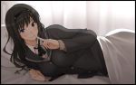  1girl amagami bangs bed black_hair black_jacket black_ribbon blazer blue_eyes blush breasts closed_mouth collared_shirt curly_hair curtains eyebrows_visible_through_hair finger_to_mouth hair_between_eyes hairband index_finger_raised jacket kibito_high_school_uniform large_breasts long_hair long_sleeves looking_at_viewer mobu morishima_haruka neck_ribbon ribbon school_uniform shirt shushing smile solo sweater sweater_vest vest white_shirt 