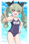  1girl :d anchovy bangs blue_sky blue_swimsuit breasts character_name cleavage cloud cloudy_sky commentary cowboy_shot crotch_seam day drill_hair girls_und_panzer green_hair hand_on_hip highres light_blush long_hair looking_at_viewer medium_breasts name_tag old_school_swimsuit one-piece_swimsuit open_mouth outdoors pointing pointing_at_viewer red_eyes school_swimsuit sky smile solo standing swimsuit tanuki_(naito7110) thighs twin_drills twintails 