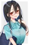  1girl bag bandaid bangs black_hair blue_shirt blue_skirt breasts brown_eyes buttons collared_shirt commentary_request glasses hair_between_eyes hand_up highres itoi_toi long_hair looking_at_viewer mole mole_under_mouth original parted_lips red-framed_eyewear school_bag shirt shirt_tucked_in short_sleeves sidelocks skirt small_breasts smile solo upper_body 