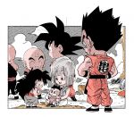 1girl 5boys :p baby bald black_eyes black_hair black_headwear bulma chibi clenched_hands clothes_writing cloud cloudy_sky commentary_request crossed_legs dougi dragon_ball dragon_ball_z expressionless facial_scar facing_away father_and_son fenyon frown full_body grass hands_on_hips hat holding holding_baby kuririn looking_at_another mother_and_son multiple_boys nervous open_mouth outdoors outside_border profile scar scar_on_cheek serious sitting sky son_gohan son_gokuu spiked_hair straight_hair sweatdrop tenshinhan tongue tongue_out trunks_(dragon_ball) wristband yamcha 
