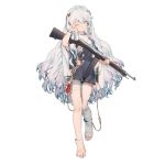  1girl assault_rifle bandages barefoot blue_eyes dress girls_frontline gun intravenous_drip no_shoes official_art rei_(sanbonzakura) ribeyrolles_1918 ribeyrolles_1918_(girls_frontline) rifle rubbing_eyes short_dress transparent_background weapon white_hair 