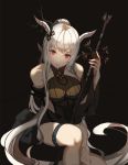  1girl arknights arm_warmers artist_name bad_leg between_legs black_background breasts concept_art horns large_breasts long_hair looking_at_viewer oiessw pointy_ears red_eyes shining_(arknights) sitting sketch solo sword thigh_strap very_long_hair weapon white_hair 