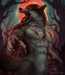  2019 5_fingers abs anthro black_lips black_nose blood bodily_fluids canid canine canis digital_media_(artwork) felfi fingers forest lips male mammal night open_mouth outside rogueliger solo teeth tongue tree wolf 