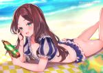  1girl :d ass bangs beach bikini blue_bikini blurry blurry_background brown_hair checkered collarbone commentary_request day depth_of_field fate/grand_order fate_(series) forehead green_eyes holding innertube legs_up leonardo_da_vinci_(fate/grand_order) long_hair lying on_stomach open_mouth outdoors parted_bangs puff_and_slash_sleeves puffy_short_sleeves puffy_sleeves sand short_sleeves smile solo star suzuho_hotaru swimsuit twitter_username very_long_hair water water_gun wet 