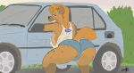  animated big_butt bodily_fluids booty_shorts bottomwear bounce breasts butt car clothing denim denim_clothing denim_shorts female hibiyeen hyaenid jester_laughie jiggle looking_at_viewer mammal raised_tail shorts side_boob solo spotted_hyena sweat twerking vehicle 