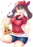  1girl ;d bandana bike_shorts breasts commentary_request fanny_pack gen_3_pokemon gloves hair_between_eyes haruka_(pokemon) highres long_hair looking_at_viewer medium_breasts one_eye_closed open_mouth poke_ball_symbol pokemon pokemon_(creature) pokemon_(game) pokemon_rse pose racket_ti1 short_sleeves smile thighs torchic twintails v_over_eye 