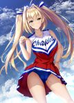  1girl ahoge alternate_costume bangs bare_shoulders blonde_hair blue_panties blue_sky blush breasts cheerleader closed_mouth clothes_writing fate/extra fate_(series) fist_pump fukuda_shuushi green_eyes hair_between_eyes hair_intakes hand_on_hip highres large_breasts long_hair looking_at_viewer nero_claudius_(fate) nero_claudius_(fate)_(all) panties red_skirt skirt sky smile solo thighs twintails underwear 