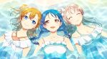  3girls bangs bare_shoulders blue_eyes blue_hair blush braid closed_eyes commentary_request dress eyebrows_visible_through_hair grey_hair hair_between_eyes heru_(totoben) highres kousaka_honoka long_hair looking_at_viewer love_live! love_live!_school_idol_festival lying minami_kotori multiple_girls on_back one_side_up open_mouth orange_hair partially_submerged sandwiched sleeveless sleeveless_dress smile sonoda_umi twin_braids water white_dress yellow_eyes 