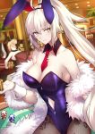  1girl animal_ears bangs bare_shoulders breasts bunny_ears bunnysuit closed_mouth detached_collar fate/grand_order fate_(series) hair_between_eyes highres jeanne_d&#039;arc_(alter)_(fate) jeanne_d&#039;arc_(fate)_(all) large_breasts leotard long_hair looking_at_viewer navel navel_cutout pantyhose purple_leotard shiguru silver_hair slit_pupils solo very_long_hair wrist_cuffs yellow_eyes 