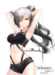  1girl animal_ear_fluff animal_ears arknights armpits arms_behind_head arms_up bangs black_hair black_shorts breasts buckle cat_ears cat_girl character_name closed_mouth color_guide contrapposto cowboy_shot dated expressionless eyebrows_visible_through_hair gradient_hair high_ponytail highres large_breasts leria_v looking_at_viewer multicolored_hair nipples schwarz_(arknights) short_shorts shorts silver_hair slit_pupils solo sports_bra stomach swept_bangs thighs white_background yellow_eyes 