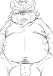  2019 anthro balls belly big_balls bodily_fluids canid canine first_person_view flaccid humanoid_hands male mammal moobs nipples overweight overweight_male penis raccoon_dog simple_background solo submissive submissive_pov sweat tanuki tiri_mama 