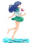  1girl bangs barefoot blue_eyes blue_hair closed_mouth collared_shirt eyebrows_visible_through_hair floating_hair full_body green_sailor_collar green_skirt higurashi_kagome inuyasha leg_up long_hair looking_at_viewer looking_back miniskirt motobi_(mtb_umk) neckerchief pleated_skirt red_neckwear sailor_collar shiny shiny_hair shirt short_sleeves simple_background skirt smile soaking_feet soles solo walking white_background white_shirt 