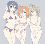  3girls bangs bikini blue_eyes blue_hair bow commentary_request cowboy_shot eyebrows_visible_through_hair grey_hair hair_between_eyes hair_bow kousaka_honoka long_hair looking_at_viewer love_live! love_live!_school_idol_festival minami_kotori multiple_girls one_side_up open_mouth orange_hair pink_bikini protected_link purple_bikini side-tie_bikini simple_background smile sonoda_umi swimsuit tetopetesone yellow_eyes 