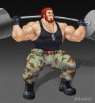  1boy bara beard belt body_hair chest closed_eyes facial_hair fate/grand_order fate_(series) gymnastics jewelry male_focus muscle necklace nhawnuad nipple_slip nipples pants pectorals red_hair rider_(fate/zero) scar shoes simple_background solo tank_top 