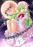  1girl aka_tawashi bangs blush bobby_socks bow bowtie breasts capelet chain clock commentary_request crescent_print dress eyebrows_visible_through_hair full_body full_moon green_eyes green_hair hair_between_eyes hand_up hat highres kazami_yuuka kazami_yuuka_(pc-98) knees_up long_hair long_sleeves looking_at_viewer medium_breasts moon night night_sky nightcap nightgown outdoors petticoat pink_capelet pink_dress pink_footwear pink_headwear red_bow red_neckwear roman_numerals sitting sky slippers smile socks solo star star_print touhou touhou_(pc-98) white_legwear wing_collar 