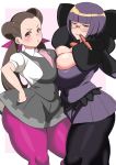  2girls alternate_breast_size arms_behind_head blush breast_press breasts brown_hair cigarette cleavage curvy forehead glasses gloves huge_breasts komusou_(jinrikisha) large_breasts long_hair multiple_girls necktie open_mouth plump pokemon pokemon_(game) pokemon_rse pokemon_swsh purple_hair shikimi_(pokemon) shiny shiny_hair short_hair skirt smile symmetrical_docking thick_thighs thighhighs thighs tsutsuji_(pokemon) twintails 