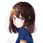  1girl bangs blue_shirt blush brown_hair character_request commentary_request eyebrows_visible_through_hair from_side kichi_(kichifav) looking_at_viewer medium_hair purple_eyes shirt signature simple_background smile solo takunomi. 