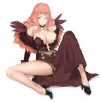  1girl arm_support bare_shoulders belt black_footwear blue_eyes breasts brown_dress center_opening circlet cleavage cornelia_arnim dress feathers fire_emblem fire_emblem:_three_houses forehead_jewel high_heels highres j@ck large_breasts long_hair looking_at_viewer pink_hair shoes side_slit simple_background sitting solo spread_legs white_background 