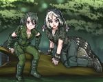  alligator_tail alternate_hairstyle american_alligator_(kemono_friends) bodysuit boots breasts cleavage commentary_request crocodile_tail fingerless_gloves gloves haegiwa_gonbee jacket kemono_friends log purple_eyes river saltwater_crocodile_(kemono_friends) tree zipper zipper_pull_tab 