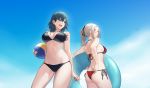  2girls ass bikini blue_eyes blue_hair breasts byleth_(fire_emblem) byleth_(fire_emblem)_(female) edelgard_von_hresvelg fire_emblem fire_emblem:_three_houses hair_ornament hair_ribbon highres long_hair looking_at_viewer multiple_girls navel ponytail ribbon short_hair simple_background smile swimsuit zjm530280188 