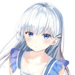  1girl bangs bare_shoulders blue_dress blue_eyes blush collarbone commentary_request dress face frown hair_ornament hairclip highres kichi_(kichifav) kishuku_gakkou_no_juliet long_hair looking_at_viewer simple_background solo white_background white_hair 