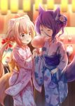  2girls animal_ear_fluff animal_ears blurry blurry_background brown_flower brown_hair closed_eyes commentary_request cotton_candy depth_of_field eating floral_print flower food fox_ears fox_girl fox_tail hair_bun hair_flower hair_ornament holding holding_food japanese_clothes kimono konohana_kitan long_hair long_sleeves low_twintails multiple_girls night obi open_mouth outdoors pink_flower pink_kimono print_kimono purple_hair sash satsuki_(konohana_kitan) stall standing stick_jitb tail twintails very_long_hair white_kimono wide_sleeves yellow_eyes yuzu_(konohana_kitan) 