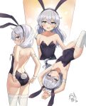  1girl :d absurdres adjusting_clothes aliceblue animal_ears arms_up bangs bare_shoulders black_leotard blue_eyes blush breasts bunny_ears bunny_girl bunny_tail bunnysuit eyebrows_visible_through_hair fake_animal_ears hair_between_eyes hair_over_shoulder highres honkai_(series) honkai_impact_3rd leotard long_hair looking_at_viewer low_ponytail multiple_views open_mouth sidelocks signature silver_hair simple_background small_breasts smile tail theresa_apocalypse thighhighs white_background white_legwear wrist_cuffs 