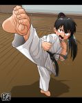  1boy barefoot black_hair dojo dougi feet full_body high_kick highres kaminosaki1 karate karate_gi kicking long_hair looking_at_viewer martial_arts open_mouth original ponytail soles sweat uniform 