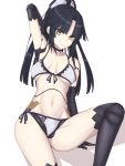  1girl arm_support arm_up bangs bikini black_gloves black_hair black_legwear blunt_bangs breasts choker cleavage collarbone elbow_gloves elfenlied22 fate/grand_order fate_(series) gloves groin hair_ornament katou_danzou_(fate/grand_order) long_hair looking_at_viewer medium_breasts navel ponytail shiny shiny_hair side-tie_bikini sideboob simple_background sitting solo swimsuit thighhighs underboob white_background white_bikini yellow_eyes 