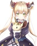  1girl bangs blonde_hair bow commentary_request double_bun dress frills frown green_eyes hair_ornament highres kichi_(kichifav) long_hair long_sleeves looking_at_viewer luna_(shadowverse) ribbon shadowverse simple_background solo stuffed_animal stuffed_toy twintails very_long_hair white_background yellow_eyes 