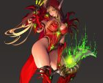  armor bodysuit breasts brown_hair cleavage cropped elbow_gloves gloves gray green_eyes hearthstone hoodie long_hair magic nightmadness pointed_ears ponytail sword thighhighs valeera_sanguinar weapon 