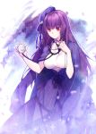  1girl breasts dress expressionless fate/grand_order fate_(series) hair_between_eyes heroic_spirit_festival_outfit highres jacket_on_shoulders large_breasts looking_to_the_side purple_dress purple_hair red_eyes scathach_(fate)_(all) scathach_skadi_(fate/grand_order) solo sparkle stethoscope yun_(outsidey) 