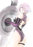  1girl ass back_cutout breasts elbow_gloves fate/grand_order fate_(series) from_side gloves grey_leotard hair_between_eyes harutask highres leotard looking_at_viewer looking_to_the_side mash_kyrielight medium_breasts pink_hair profile purple_eyes shield shiny shiny_clothes shiny_hair short_hair sideboob simple_background sketch solo thigh_strap white_background 
