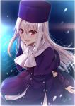  1girl absurdres arm_behind_back blush commentary_request eyebrows_visible_through_hair fate/stay_night fate_(series) grey_hair gu_li hair_between_eyes hat heaven&#039;s_feel highres illyasviel_von_einzbern jacket long_hair long_jacket looking_at_viewer open_mouth purple_headwear purple_jacket red_eyes scarf signature smile solo white_scarf 